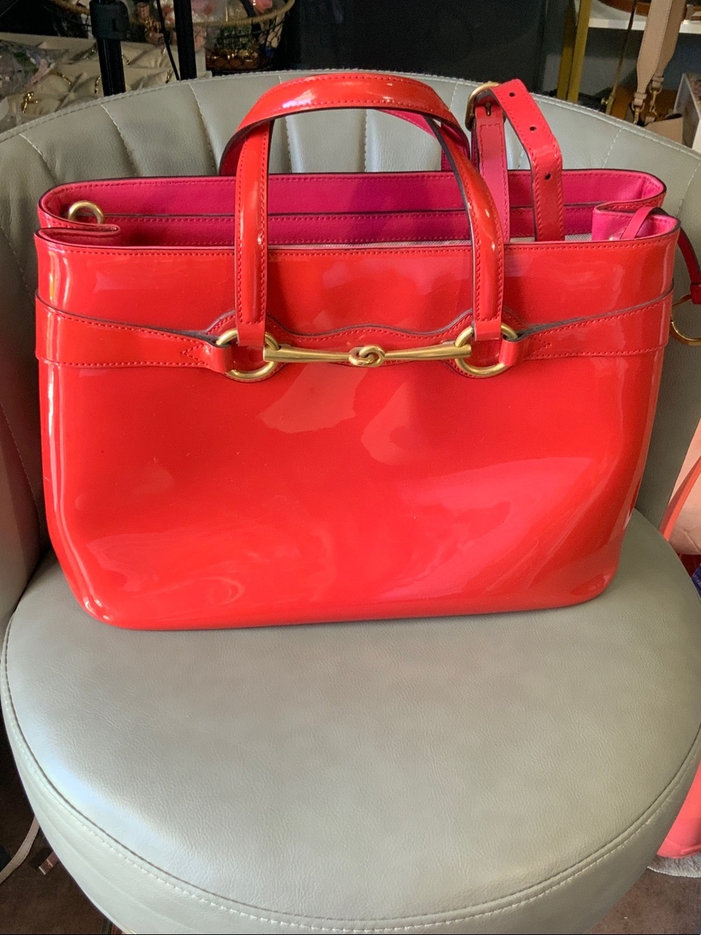 Gucci Red Patent Leather Tote with Gold Horsebit